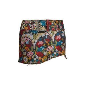 MARQUES ALMEIDA Floral Brocade Belted Asymmetrical Denim Mini Skirt, Size 8